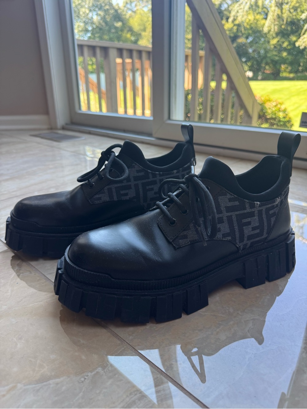 Fendi Black Leather & Monogram Chunky Lace-Up Oxfords